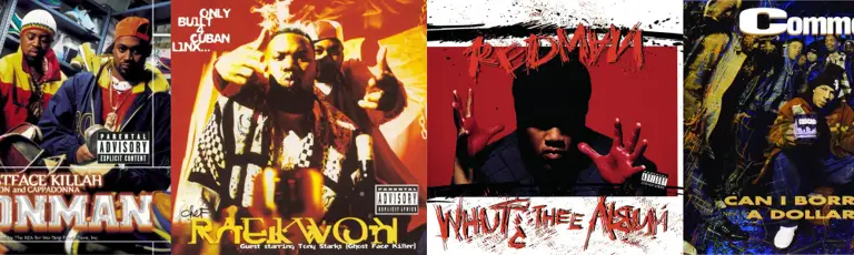 Ghostface Killah Ironman, Raekwon Only Built 4 Cuban Linx, Redman Whut? Thee Album, and Common Can I Borrow a Dollar? album covers