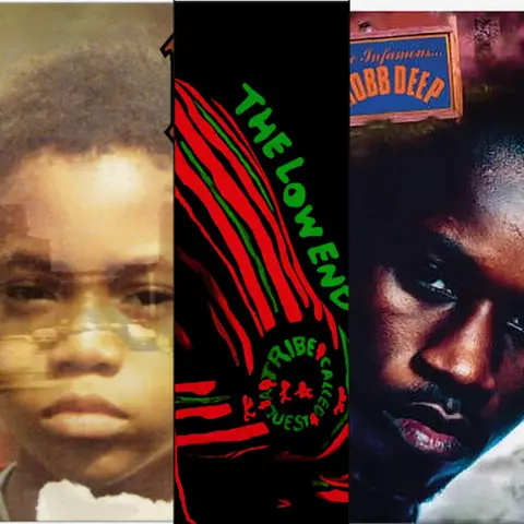 Nas Illmatic, A Tribe Called Quest The Low End Theory, and Mobb Deep The Infamous album covers side by side