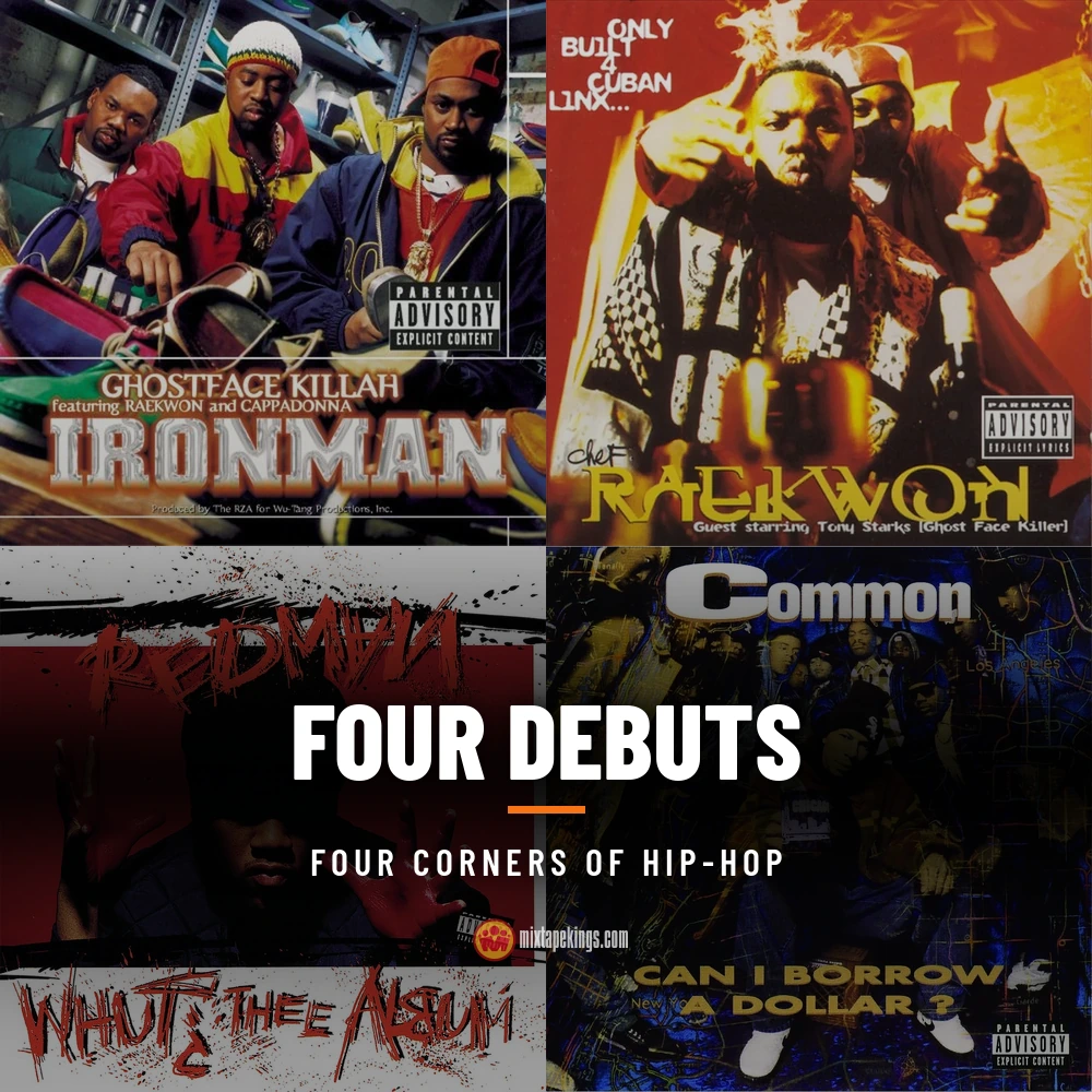 Four solo-debut covers in a 2x2 grid: Ghostface Killah Ironman, Raekwon Only Built 4 Cuban Linx, Redman Whut? Thee Album, and Common Can I Borrow a Dollar?