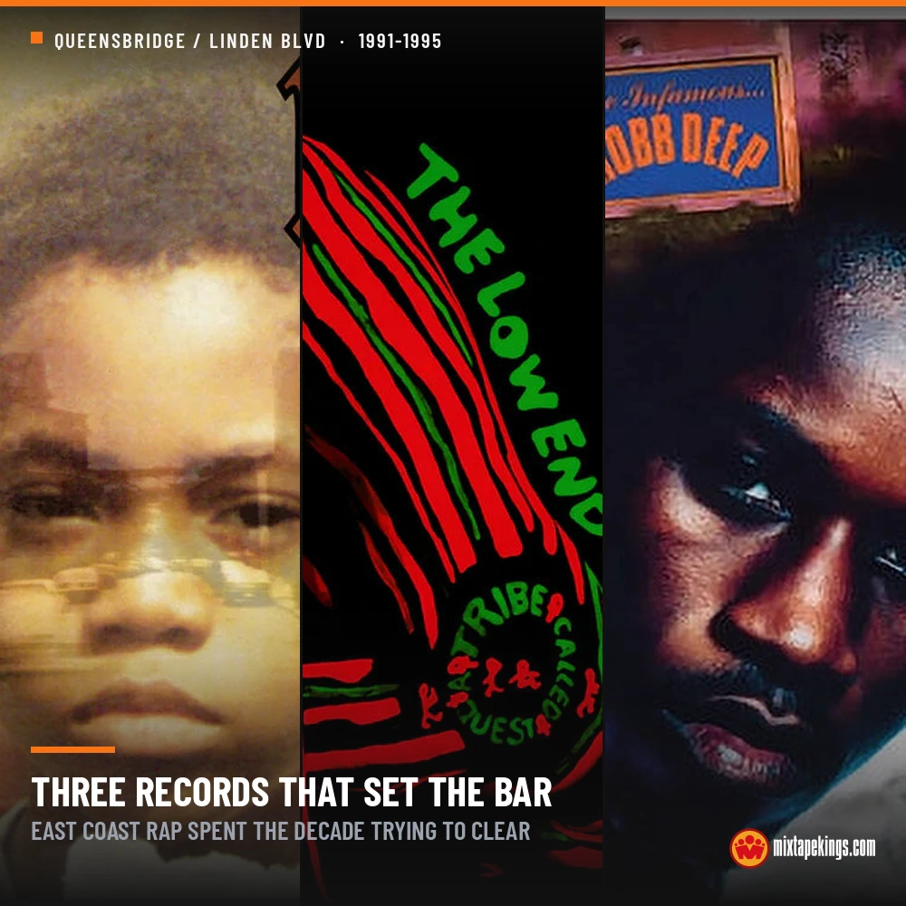 Nas Illmatic, A Tribe Called Quest The Low End Theory, and Mobb Deep The Infamous album covers side by side